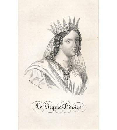 St. Hedwig of Anjou, Queen of Poland, portrait, steel engraving 19th century, Storia della Polonia, Bernard Zaydler