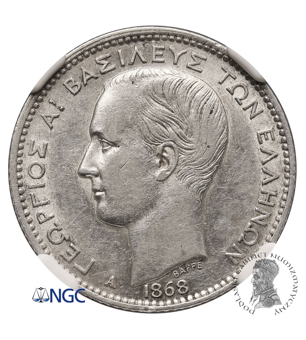 Grecja, George I 1863-1913. 1 drachma 1868 - NGC AU 53