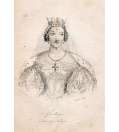 St. Jadwiga Andegawenska, Queen of Poland, portrait, steel engraving 19th century