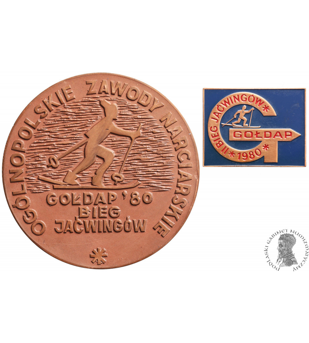 Polska, PRL 1944-1989. Medal Gołdap Bieg Jaćwingów 1980 + emaliowana pamiątkowa przypinka