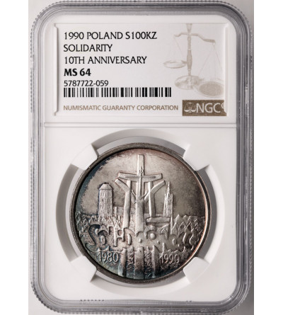 Poland. 100000 Zlotych 1990, Solidarity, var. B, without the letter L - NGC MS 64, patina!!