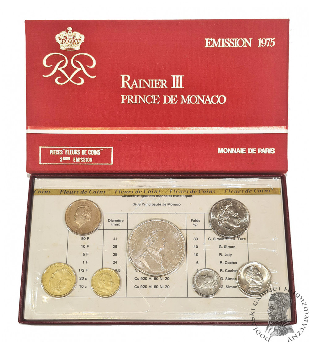 Monako, Rainiera III. Oficjalny menniczy zestaw monet 1975, FDC