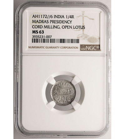 India British, Madras Presidency. 1/4 Rupee, AH 1172 Year 6 (1830-1835 AD), rose and crescent, Arkat - NGC MS 63