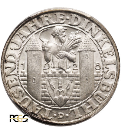Republika Weimarska. 3 marki 1928 D, Dinkelsbuhl - PCGS MS 66