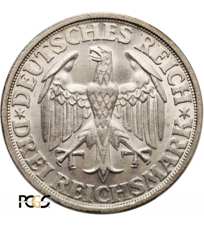 Republika Weimarska. 3 marki 1928 D, Dinkelsbuhl - PCGS MS 66