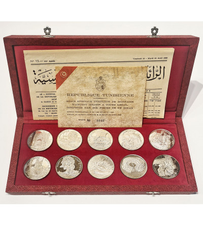 Tunezja. Srebrny zestaw Proof 10 monet 1 Dinar 1969, Seria Historia Tunezji