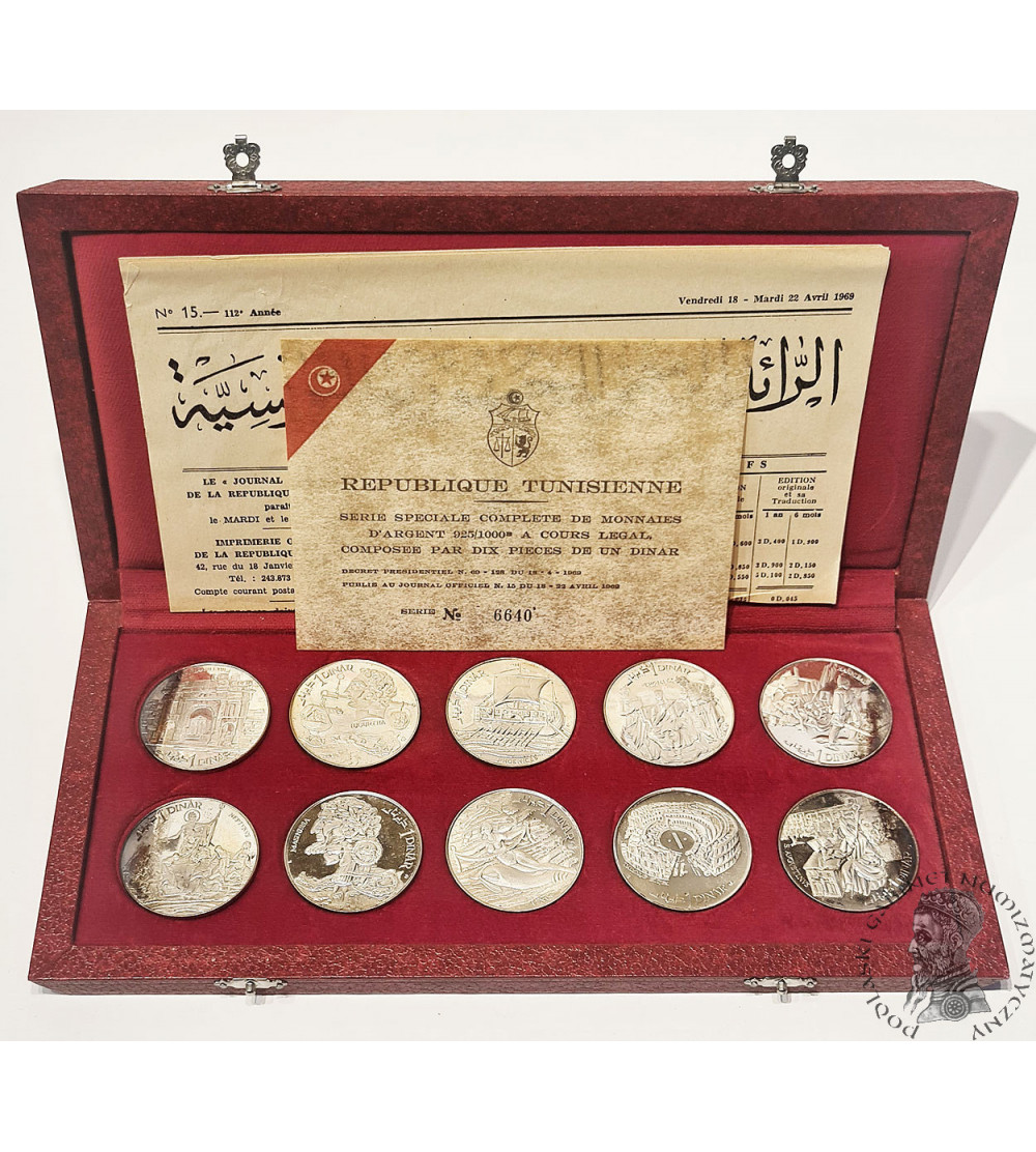 Tunisia. Set, 10 x Dinar 1969, Sterling Silver Proof Set, Tunisian History Series