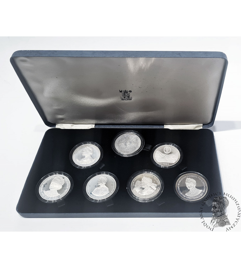 Brytyjska Wspólnota Narodów. Srebrny Set Proof 7 x 1 korona 1980, 80. urodziny Królowej Matki, Royal Mint