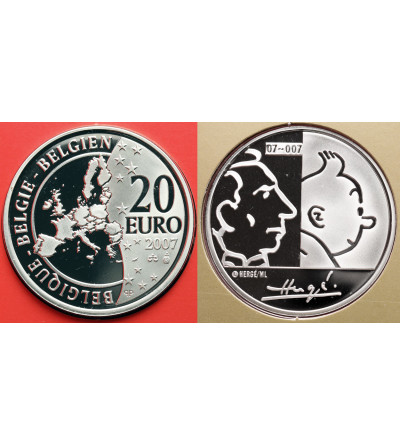 Belgia. 20 Euro 2007 Proof, moneta upamiętniająca 100. rocznicę urodzin Hergé (twórcy Tintina)