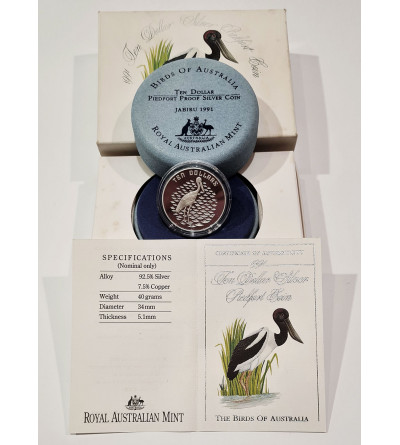 Australia. 10 dolarów 1991, Ptaki Australii, Jabiru - Piedfort Proof