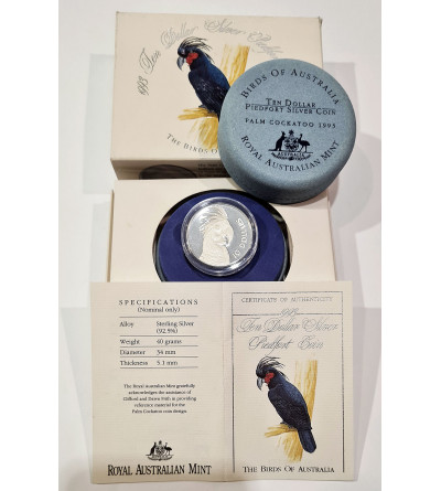 Australia. 10 dolarów 1993, Ptaki Australii, Kakadu Palmowa - Piedfort Proof