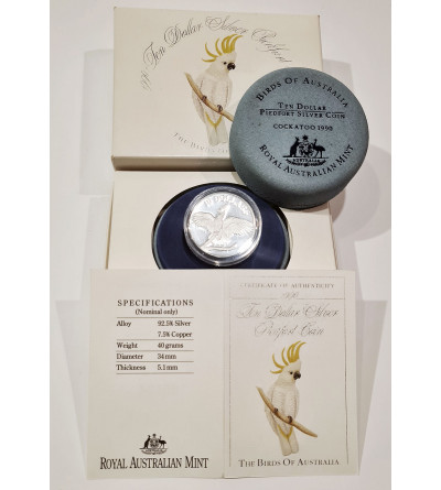 Australia. 10 dollars 1990, The Birds of Australia, Cockatoo -  Piedfort / Piefort Proof