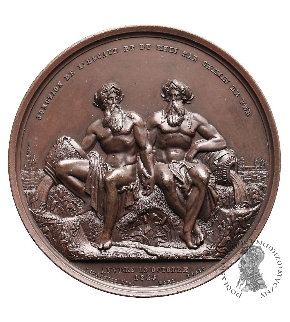 Belgia, Leopold I (1831-1865). Medal 1844, upamiętniający pierwszą rocznice uruchomienia linii kolejowej Antwerpia - Kolonia