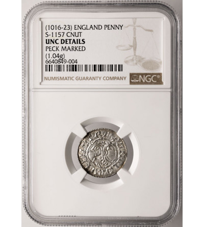 Anglia. Knut 1016-1035. AR Penny (Denar), typu Quatrefoil, ok. 1017-1023, Londyn / Bruninc - NGC UNC Details