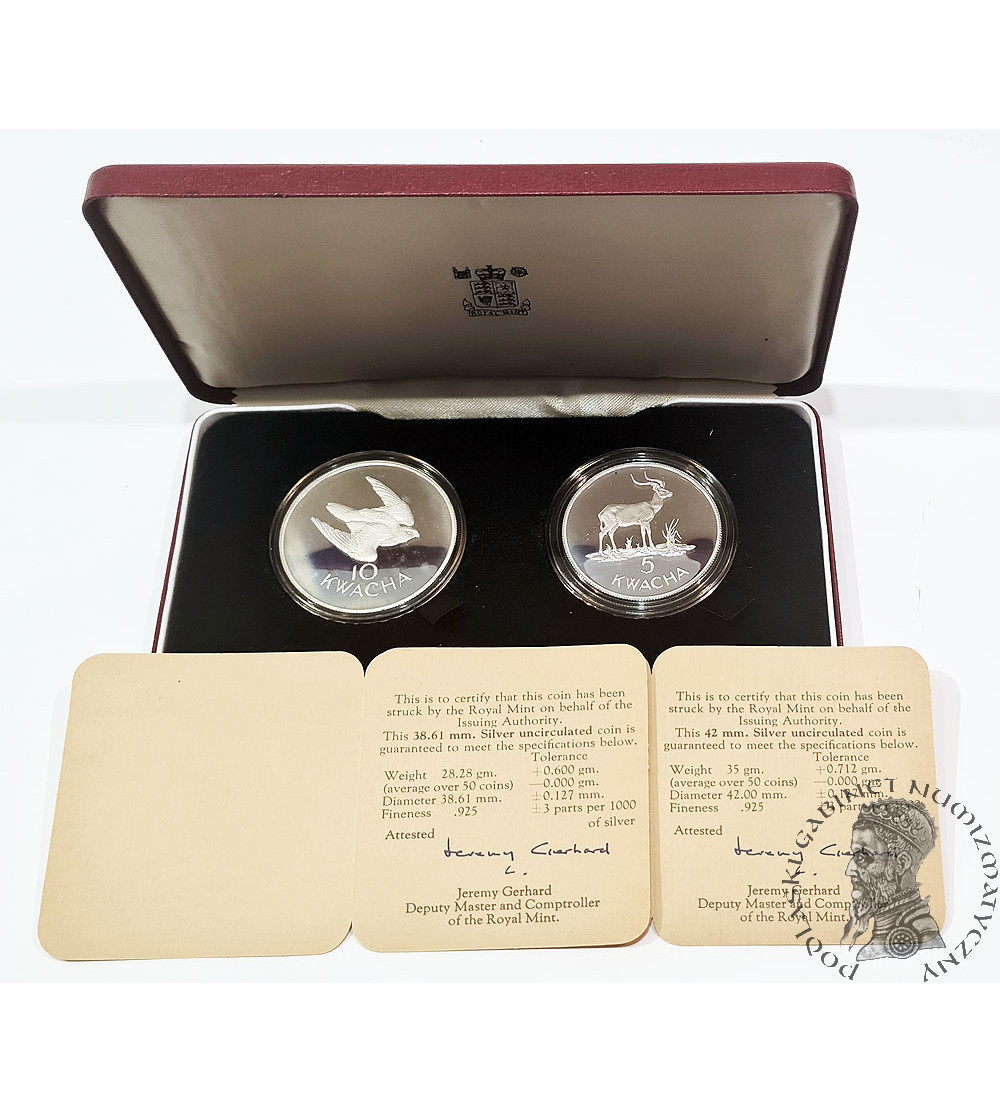 Zambia. Proof Set of 5 and 10 Kwacha 1979, World Wildlife Conservation, African Longhorn and Taita Falcon