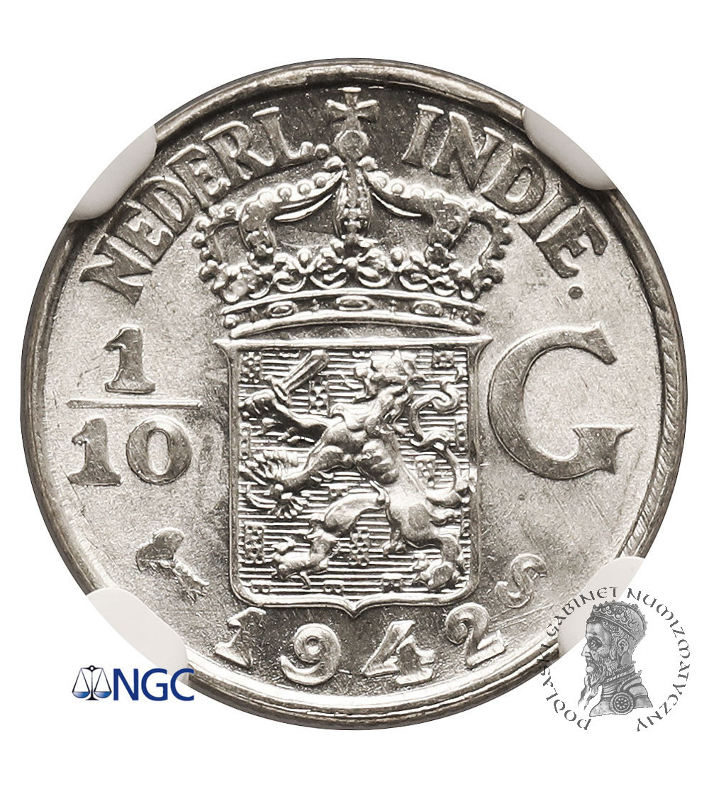 Wschodnie Indie Holenderskie. 1/10 guldena 1942 S - NGC MS 67