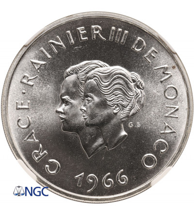 Monako. 10 franków 1966, Dziesiąta rocznica Ślubu Grace Kelly i Rainiera III - NGC MS 67