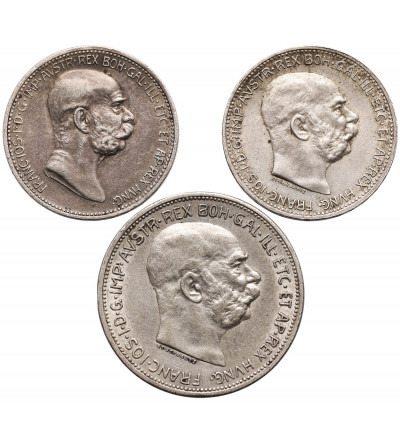 Austria, Franciszek Józef I, 1848-1916. Zestaw srebrnych monet 1908-1913, 3 sztuki
