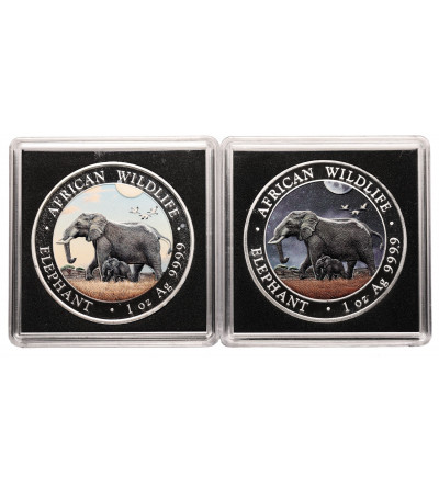 Somalia. Set 2 x 100 Shillings 2022, African Elephants (coloured, day and night) - Proof, 2 x Oz Ag 999