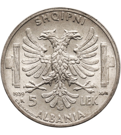 Albania, Italian Occupation WWII. 5 Lek 1939 R, Rome, Vittorio Emanuele III 1939-1943