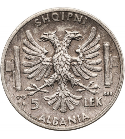 Albania, Italian Occupation WWII. 5 Lek 1939 R, Rome, Vittorio Emanuele III 1939-1943
