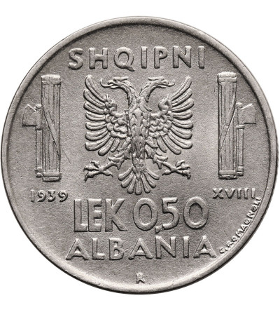 Albania, Italian Occupation WWII. 0,50 Lek 1939 R, Rome, Vittorio Emanuele III 1939-1943