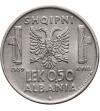 Albania, okupacja włoska. 0,50 Lek 1939 R, Rzym, Vittorio Emanuele III 1939-1943