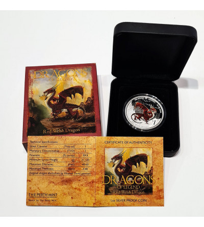 Tuvalu, 1 Dollar 2012, Dragons of Legend - Red Welsh Dragon, 1 oz Silver Colorized BU