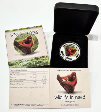 Tuvalu. 1 Dolar 2011, Orangutan, seria Dzikie Zwierzęta w potrzebie (Wildlife in need), 1 oz Silver Proof