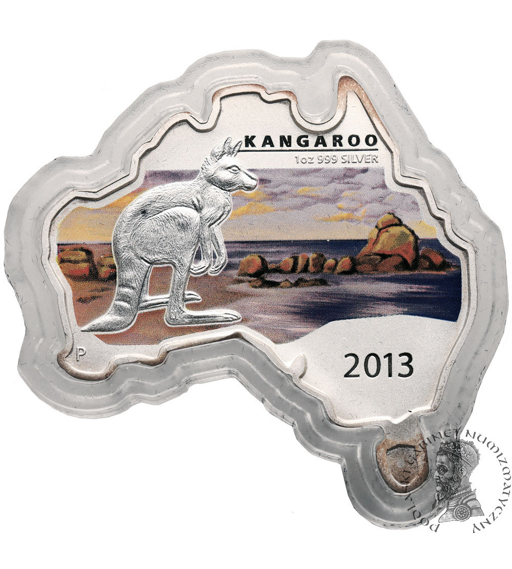 Australia. 1 Dollar 2013, Kangaroo - Map-shaped coin, Colorized 1 oz Silver