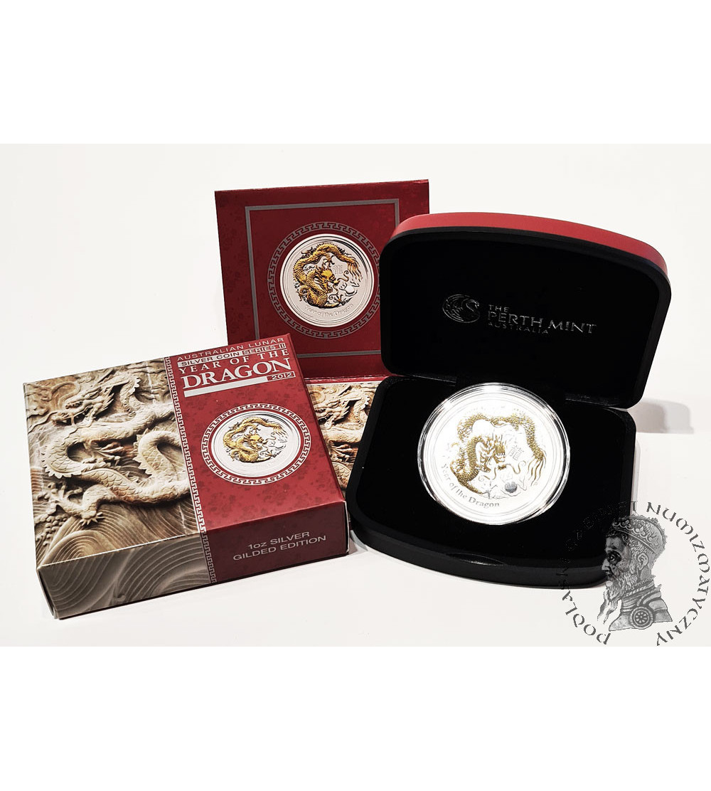 Australia. 1 Dollar 2012, Year of the Dragon - gold-plated, 1 oz Pure Silver