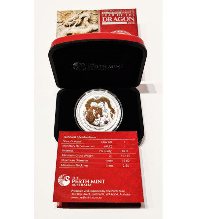 Australia. 1 Dollar 2012, Year of the Dragon - gold-plated, 1 oz Pure Silver