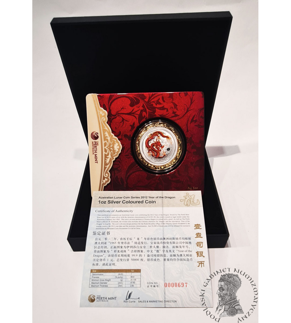 Australia. 1 Dollar 2012, Year of the Dragon - coloured (red dragon), 1 oz Ag - special luxury issue