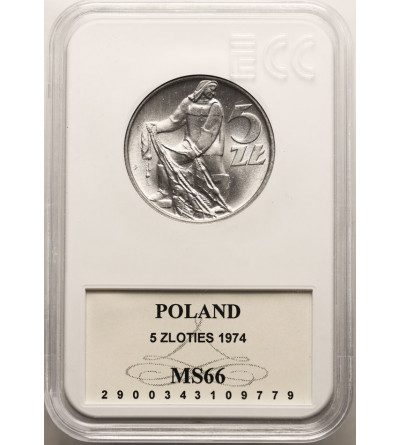 Polska, PRL. 5 złotych 1974, rybak - ECC MS 66 (rybak na trawce)