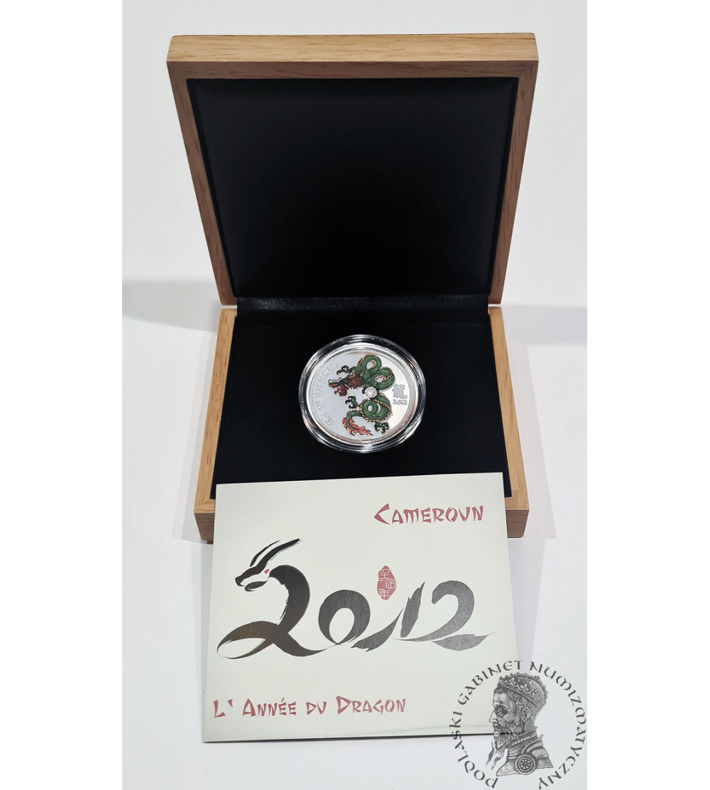 Kamerun. 1000 (CFA) franków 2012, Chiński Zodiak - Rok Smoka (kolorowany Proof z cyrkonią)