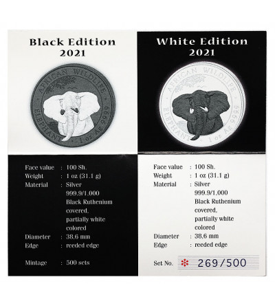 Somalia. Set 2 x 100 szylingów 2021, słonie afrykańskie (kolorowane, biały i czarny słoń) - Proof 2 x 1 Oz Ag 999