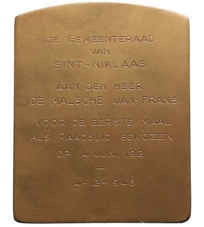 Belgia, St Niklaas. Plakieta 1946, dedykowana panu De Malsche Jan-Frans przez Radę Miejską Sint Niklaas, J. FONSON