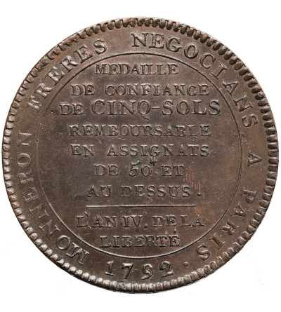 France, Monneron Freres Negocians a Paris. Bronze Medallic 5 Sols 1792, Soho (Birmingham) Mint