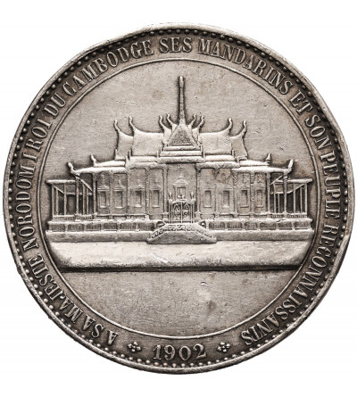 Kambodża, Norodom I 1860-1904. Srebrny medal (4 franki) 1902, danina od Mandarynów i ludu, mennica Paryż