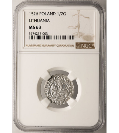 Polska, Zygmunt I Stary 1506-1548. Półgrosz litewski 1526, mennica Wilno - NGC MS 63, Top Pop!!