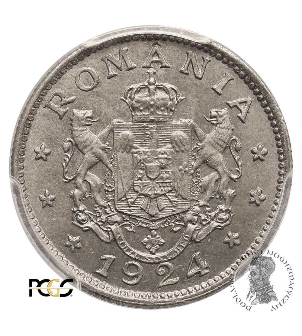 Rumunia, Ferdynand I. 1 Leu 1924 (b), Bruksela - PCGS MS 66