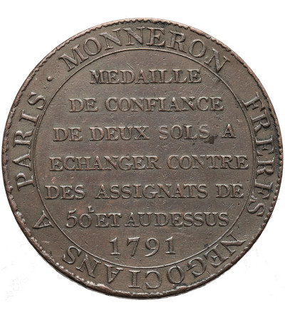 Francja, konstytucja francuska, 1791-1792. Monneron de 2 Sols 1791 AN 3 de la Liberta, LIBERTE SOUS LA LOI, Soho (Birmingham)