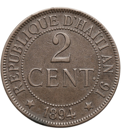 Haiti, Republic. 2 Centimes 1894 A, Paris mint