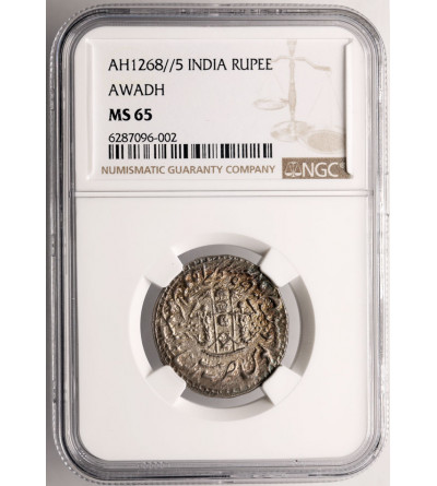 India, Awadh. Wajid Ali Shah 1847-1856 AD. AR Rupee, AH 1268 / RY 5, Lakhnau mint - NGC MS 65