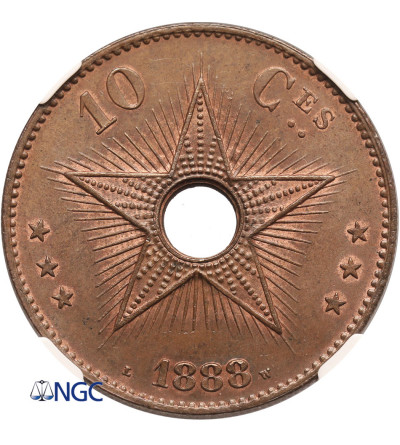 Kongo Belgijskie, Leopold II 1865-1908. 10 Centimes 1888 LW - NGC MS 65 BN
