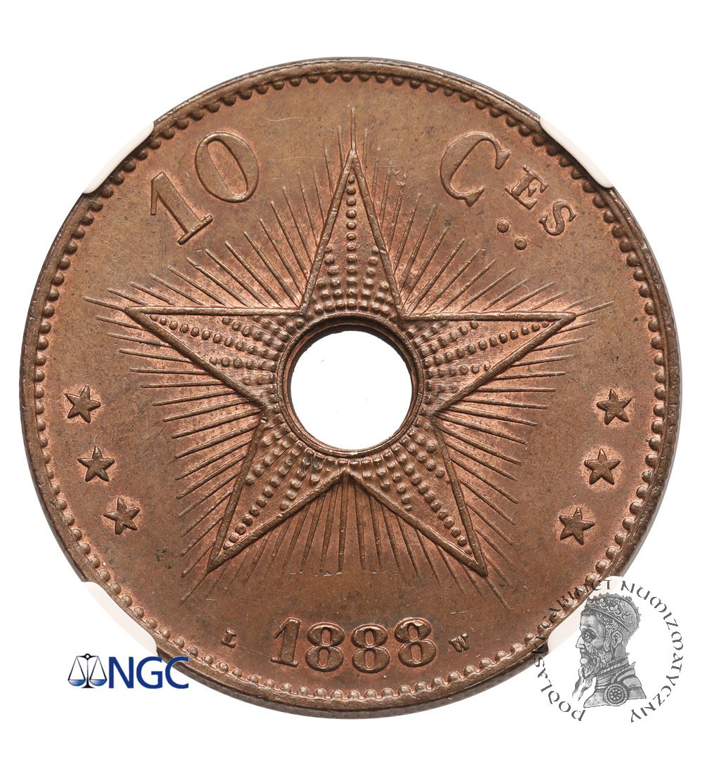 Kongo Belgijskie, Leopold II 1865-1908. 10 Centimes 1888 LW - NGC MS 65 BN