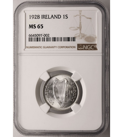 Irlandia, wolny stan. 1 Szyling (Shilling) 1928, byk - NGC MS 65, Top Pop!!
