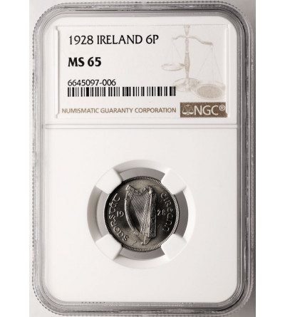 Irlandia, wolny stan. 6 Pence (Pensów) 1928, Londyn - NGC MS 65