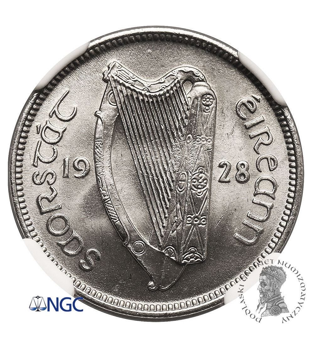 Irlandia, wolny stan. 6 Pence (Pensów) 1928, Londyn - NGC MS 65