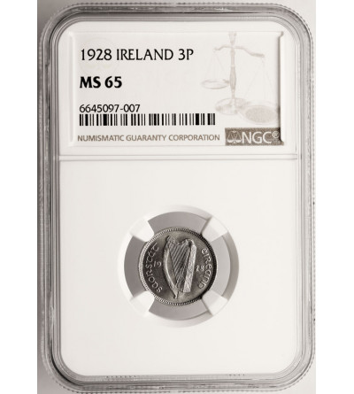 Irlandia, wolny stan. 3 Pence (Pensy) 1928, Londyn - NGC MS 65